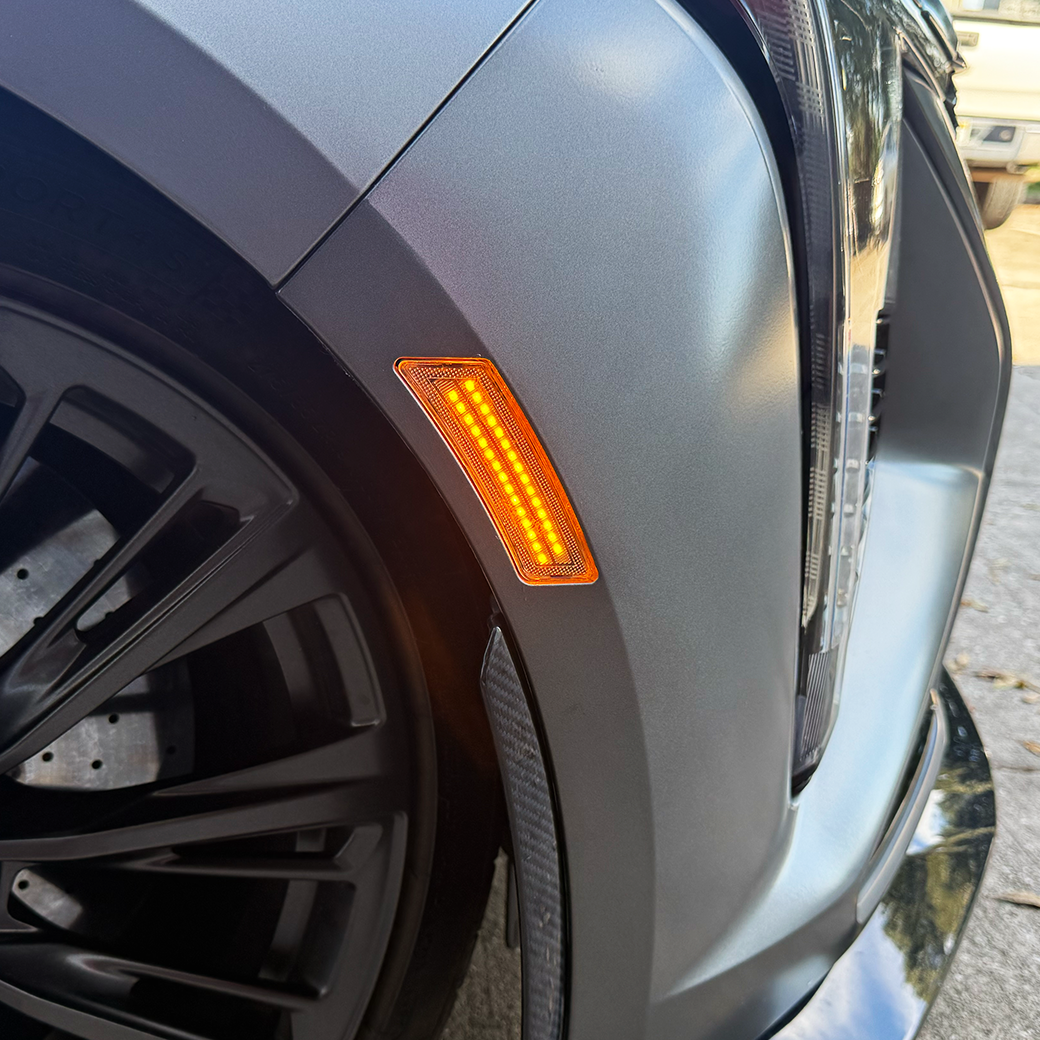 2025 2026 Cadillac CT5-V Blackwing CT5V upgrade Front Side Marker Lights in Black Out Smoke or Ice Clear with amber or white LED lights. Aftermarket Lighting Mods Mod
