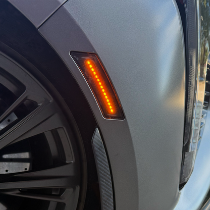 2025 2026 Cadillac CT5-V Blackwing CT5V upgraded Front Side Marker Lights in Black Out Smoke or Ice Clear Lenses with amber or white LED lights. Aftermarket Lighting Mods Mod