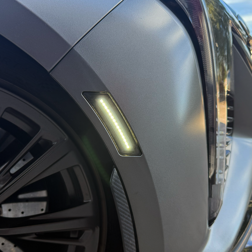 2025 2026 Cadillac CT5-V Blackwing CT5V upgraded Front Side Marker Lights in Black Out Smoke or Ice Clear Lenses with amber or white LED lights. Aftermarket Lighting Mods Mod upgrade