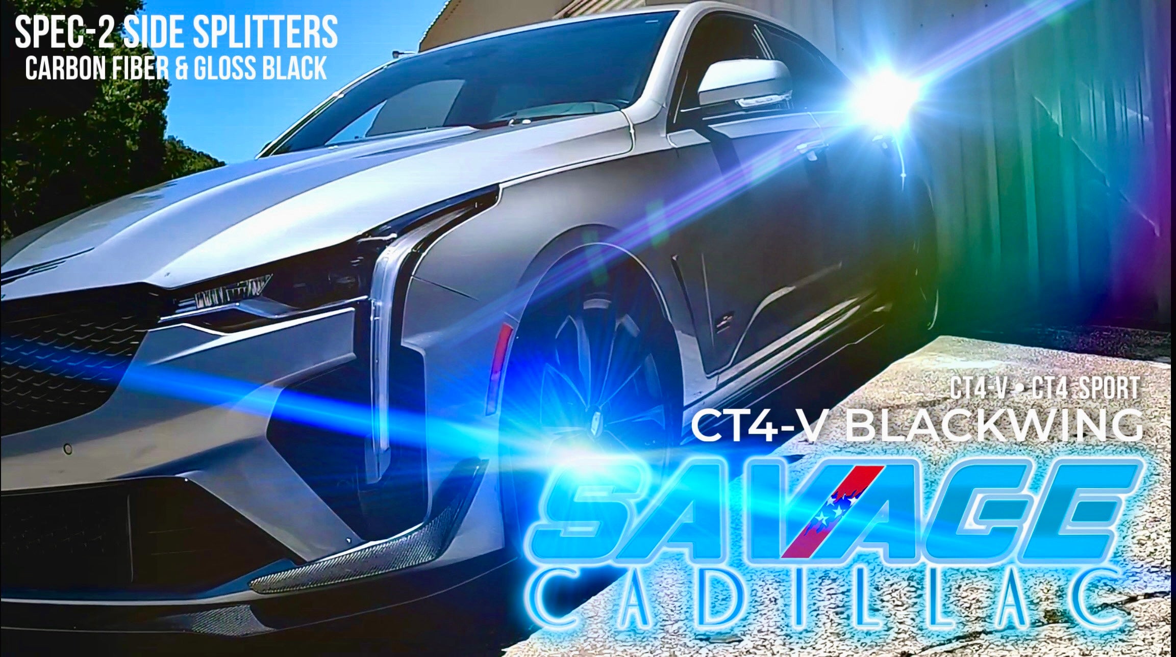 Load video: Cadillac CT4-V Blackwing, CT4-V &amp; CT4 Sport Spec 2 Side Skirt Splitters in carbon fiber or gloss black fiberglass aftermarket oem aero upgrade