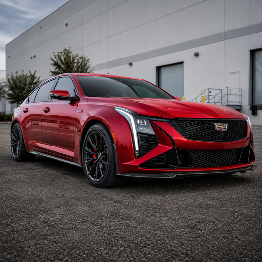 2025 + Cadillac CT5-V Blackwing aftermarket exterior racing spec 2 carbon fiber or gloss black package upgrade front splitter package, front lip, front chin splitter, carbon lip.