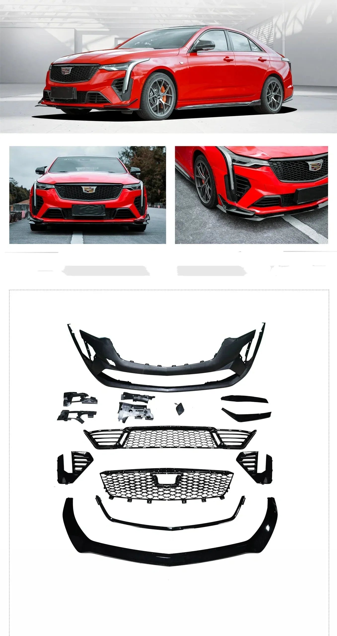 Cadillac CT4-V "Blackwing" 10 Piece Front End Conversion Kit w/ Gloss Back or Carbon Fiber Front Splitter