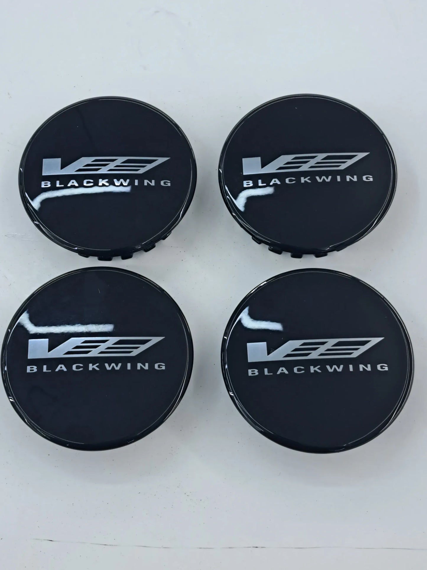 Cadillac Black and White "Blackwing" V Logo Gloss Black Center Wheel Caps