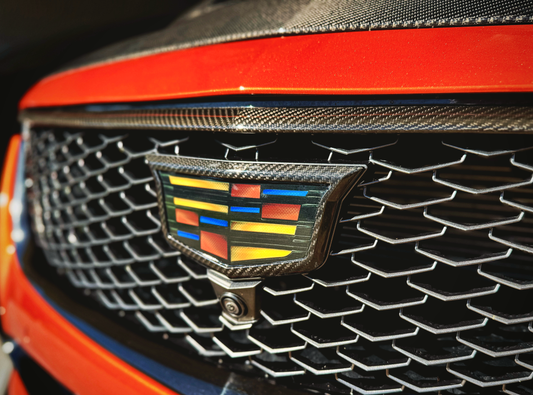 Cadillac CT5 CT5V CT5-V Blackwing Black functional Front Adaptive Super Cruise Badge Emblem Shield Logo Decal Aftermarket Carbon Fiber Gloss Black Trim Surround Black Out