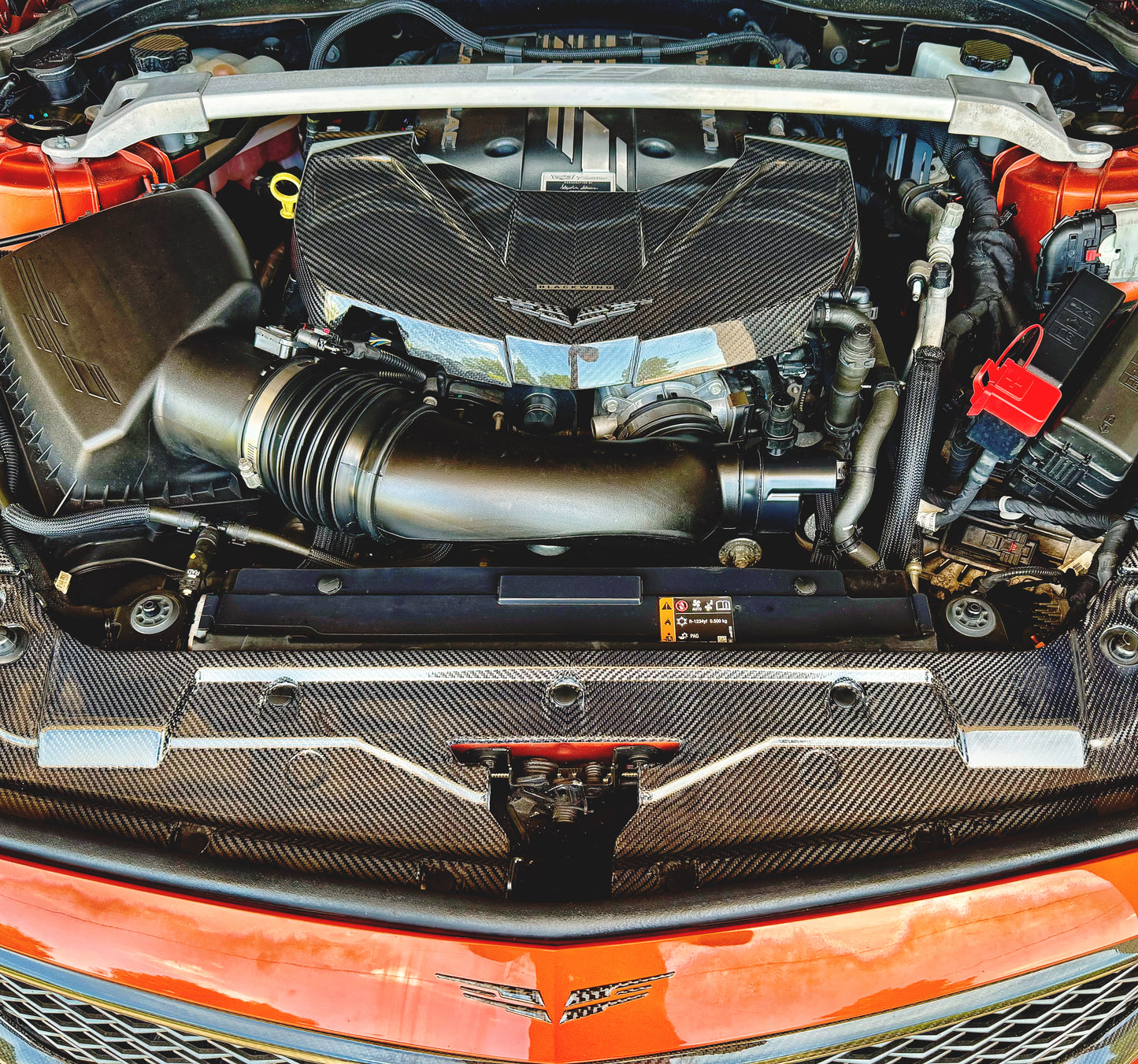 2022 2023 2024 Cadillac CT5V CT5-V Blackwing carbon fiber LT4 engine bay super charger lid cover & engine deck bay radiator shroud beauty panel surround trim covers in V-Series OEM style V-Weave. Direct OEM replacement fit kit. motorsports racing grade carbon.