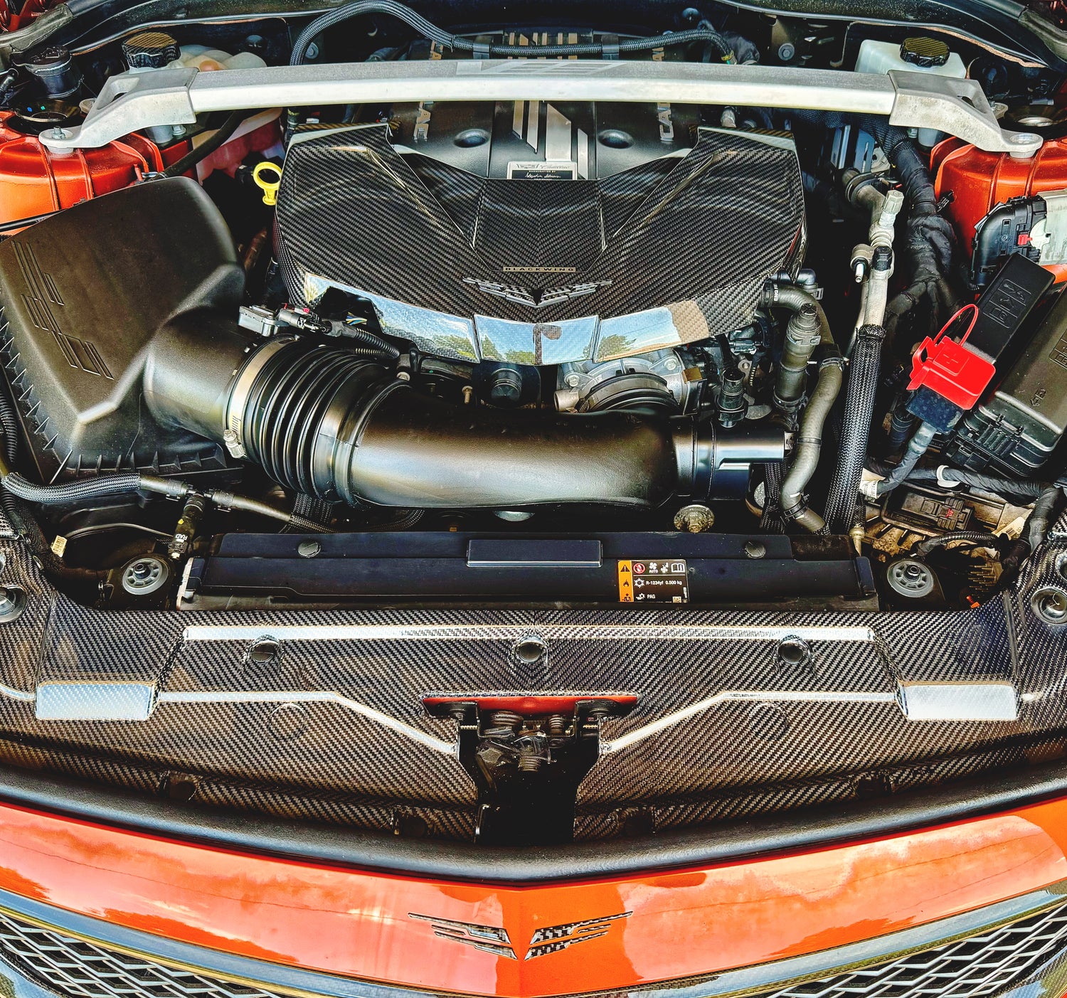 2022 2023 2024 Cadillac CT5V CT5-V Blackwing carbon fiber LT4 engine bay super charger lid cover & engine deck bay radiator shroud beauty panel surround trim covers in V-Series OEM style V-Weave. Direct OEM replacement fit kit. motorsports racing grade carbon.