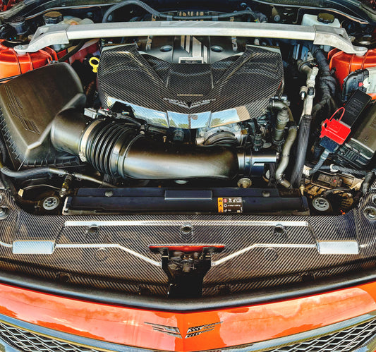 2022 2023 2024 Cadillac CT5V CT5-V Blackwing carbon fiber LT4 engine bay super charger lid cover & engine deck bay radiator shroud beauty panel surround trim covers in V-Series OEM style V-Weave. Direct OEM replacement fit kit. motorsports racing grade carbon.