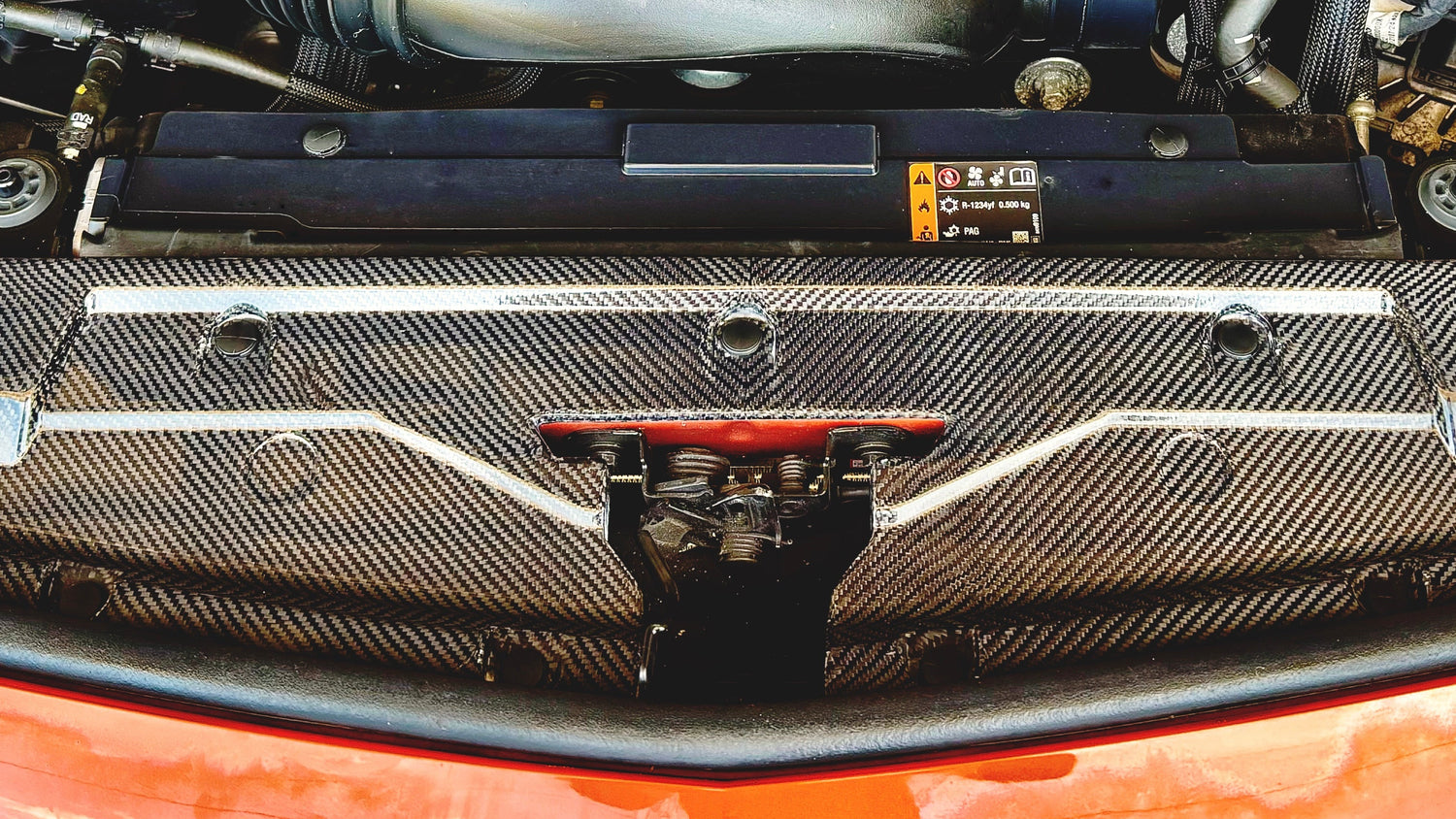 2022 2023 2024 Cadillac CT5V CT5-V Blackwing carbon fiber engine deck bay radiator shroud beauty panel surround trim covers in V-Series OEM style V-Weave. Direct OEM replacement fit kit. motorsports racing grade carbon.