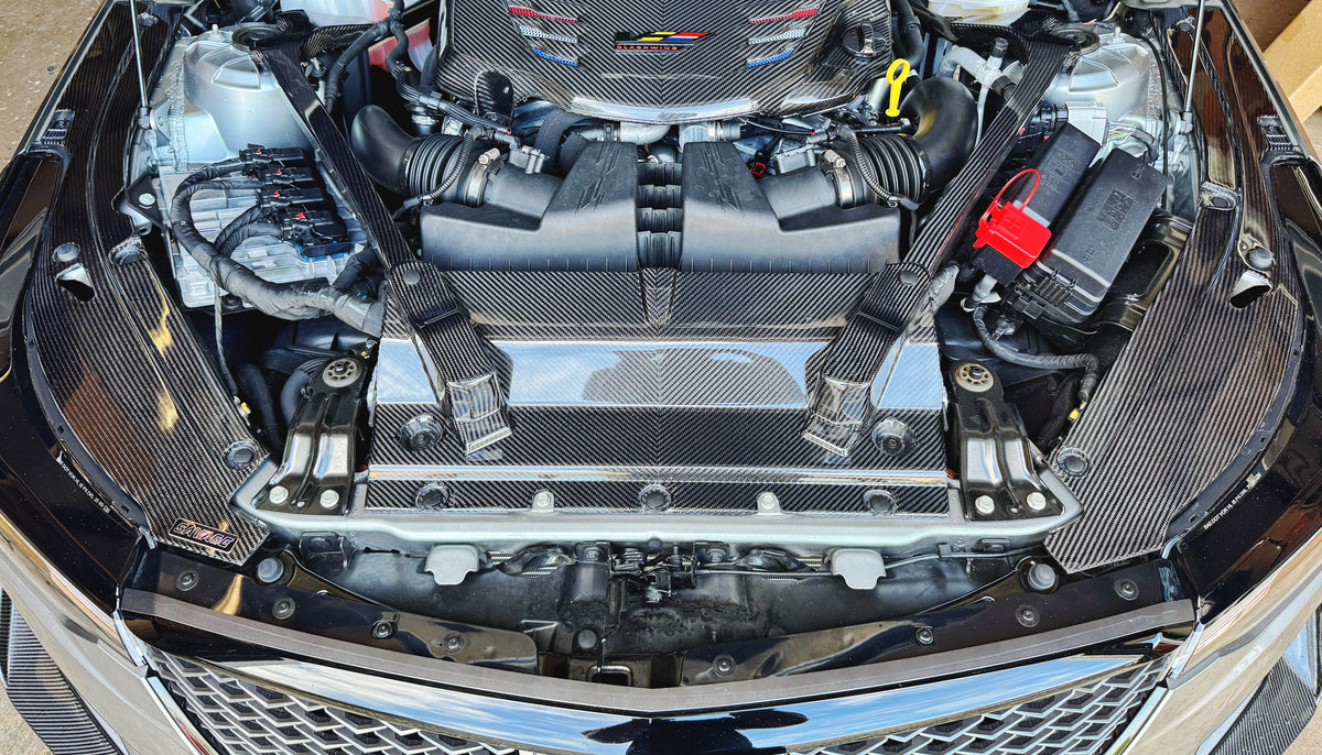 CT4-V Blackwing Genuine Carbon Fiber Engine Deck Beauty Surround Trim Panel and Strut Bar Overlays Kit (5-Piece)