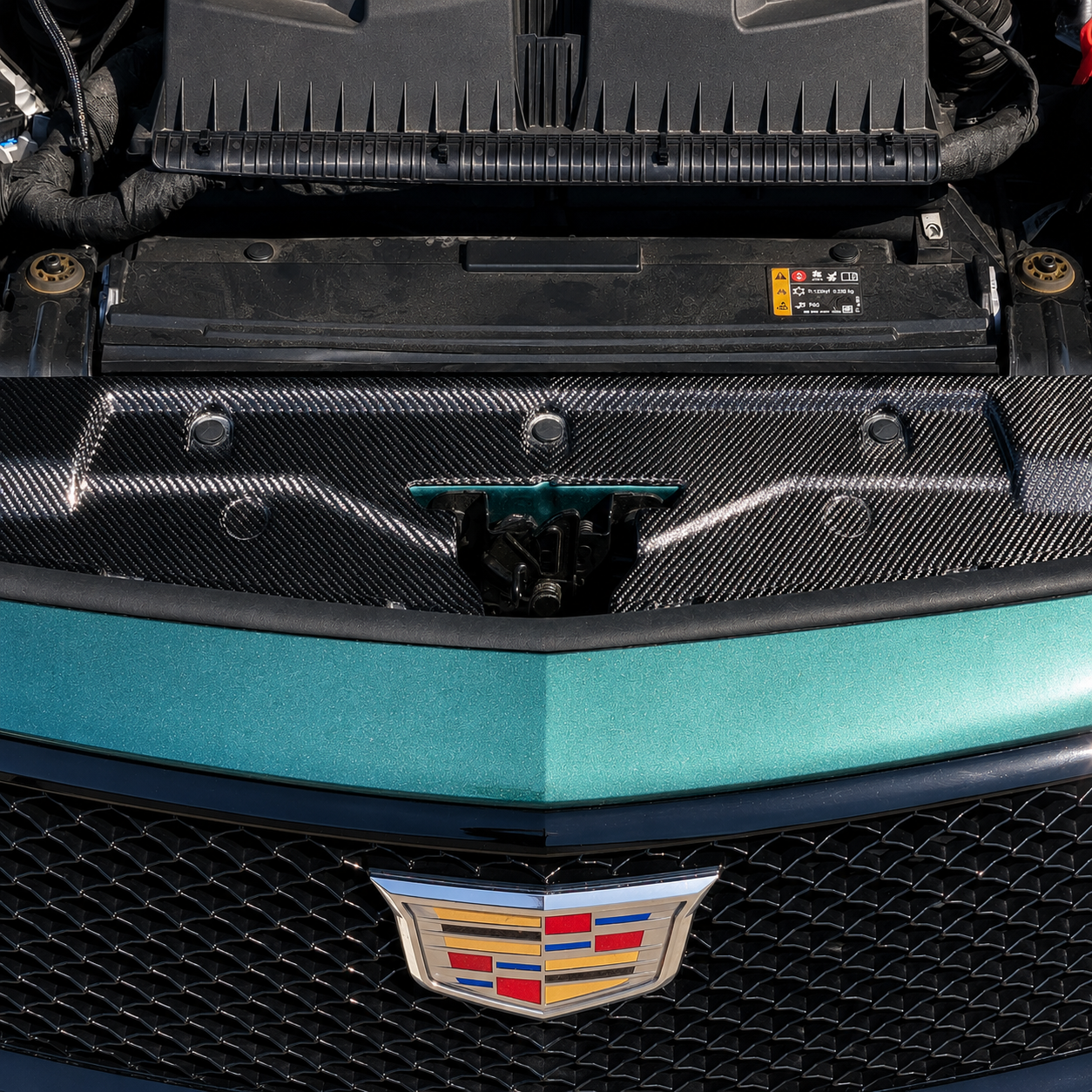 2025 2026 Cadillac CT5V CT5-V Blackwing carbon fiber engine deck bay radiator shroud beauty panel surround trim covers in V-Series OEM style V-Weave. Direct OEM replacement fit kit. motorsports racing grade carbon.