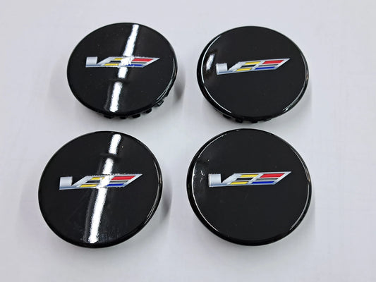Cadillac Full Color "V-Series" Logo Gloss Black Center Wheel Caps