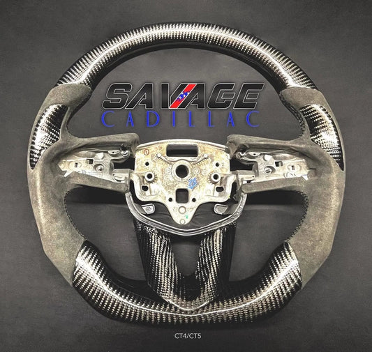 Savage Cadillac CT4-V Carbon Fiber Steering Wheel With Alcantara Leather and Black Stitching