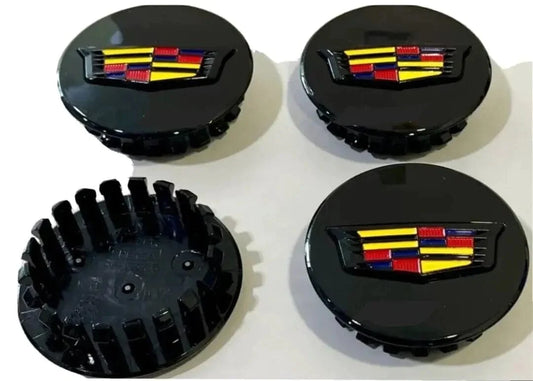 Gloss Black Wheel Center Caps with Colored Cadillac "Shield" Logo